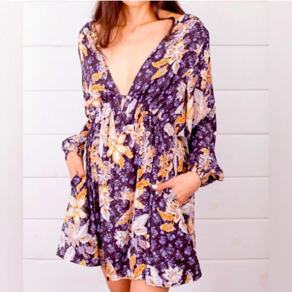 Free People Boho Purple Low Back Mini Dress Flowy Detailed NWT Size XS